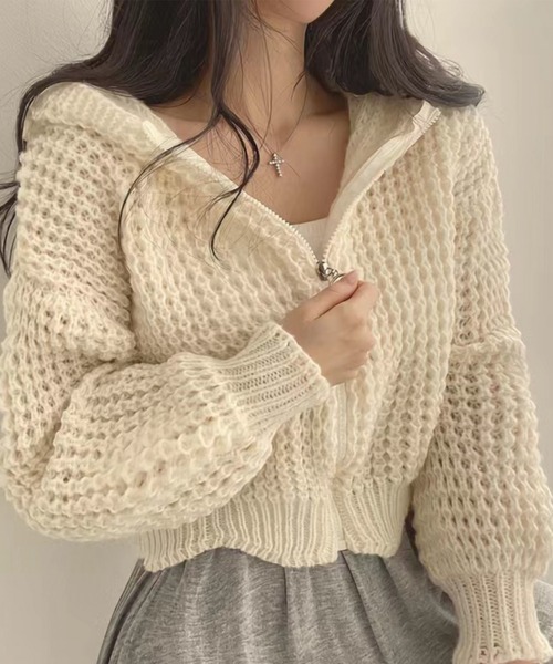 ADDITION STORE（アディションストア）の「【トレンドのショート丈、ワイドシルエット】ざっくりニット フルジップパーカー /　Rough knitting full zip hoodie（カーディガン/ボレロ・レディース・ベージュ/ピンク/グレー/オフホワイト・FREE）」の6枚目の写真