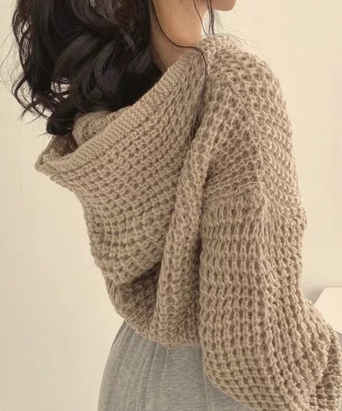 ADDITION STORE（アディションストア）の「【トレンドのショート丈、ワイドシルエット】ざっくりニット フルジップパーカー /　Rough knitting full zip hoodie（カーディガン/ボレロ・レディース・ベージュ/ピンク/グレー/オフホワイト・FREE）」の7枚目の写真