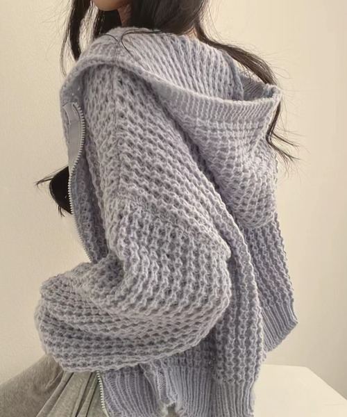 ADDITION STORE（アディションストア）の「【トレンドのショート丈、ワイドシルエット】ざっくりニット フルジップパーカー /　Rough knitting full zip hoodie（カーディガン/ボレロ・レディース・ベージュ/ピンク/グレー/オフホワイト・FREE）」の8枚目の写真