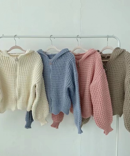 ADDITION STORE（アディションストア）の「【トレンドのショート丈、ワイドシルエット】ざっくりニット フルジップパーカー /　Rough knitting full zip hoodie（カーディガン/ボレロ・レディース・ベージュ/ピンク/グレー/オフホワイト・FREE）」の9枚目の写真
