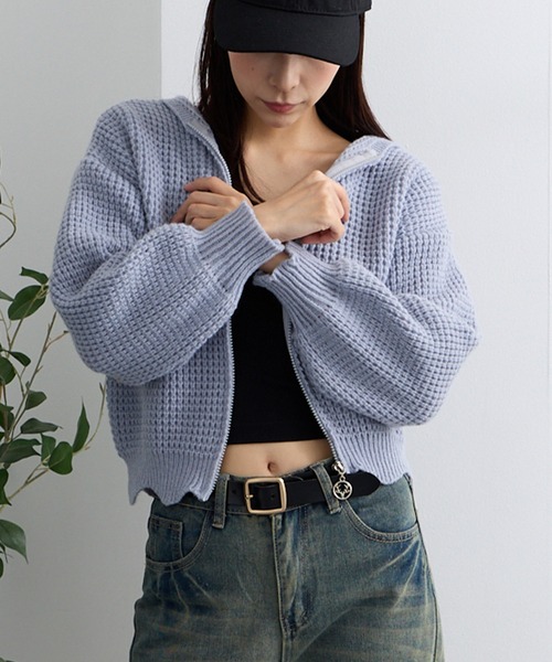 René♡スワロ&パール付フードニットパーカーWジップカーディガン