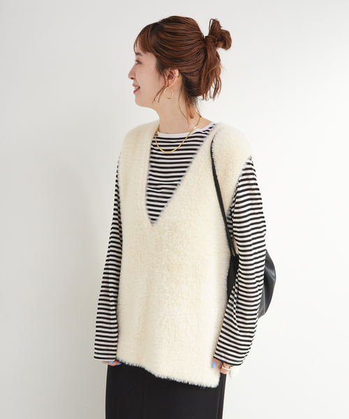 B.C STOCK（ベーセーストック）の「《追加2》《2点セット》手洗い可 / ショートシャギーベスト+ダンボールスカート（ワンピース・レディース・ネイビー/ブラウン/アイボリー・FREE）」の8枚目の写真