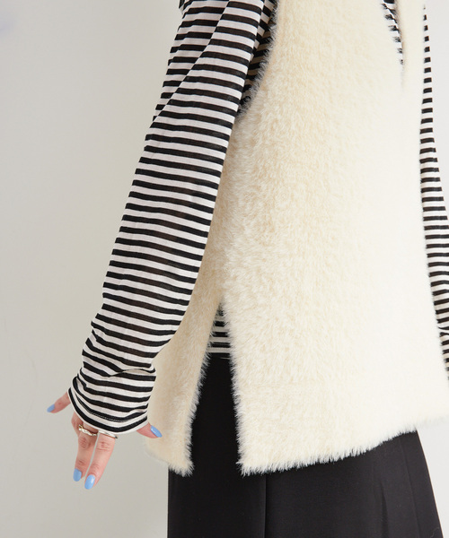 B.C STOCK（ベーセーストック）の「《追加2》《2点セット》手洗い可 / ショートシャギーベスト+ダンボールスカート（ワンピース・レディース・ネイビー/ブラウン/アイボリー・FREE）」の12枚目の写真