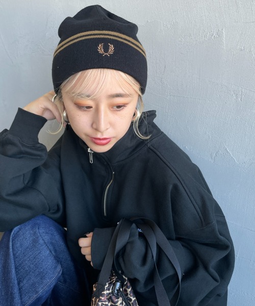 フレッドペリー ニット帽(ビーニー) ブラック/ガンメタル Twin Tipped
