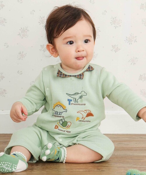 SLAP SLIP BABY（スラップスリップベビー）の「恐竜とげとげ襟付きカバーオールベビー(60~80cm)（ロンパース・キッズ・ブルー/グリーン・80ｃｍ/70cm/60cm）」の2枚目の写真