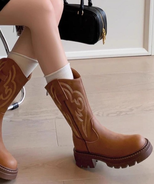 ブラウン刺繍入りウエスタンブーツ menue ブーツ 刺繍入り ウエスタンブーツ レディース : ZOZOTOWN