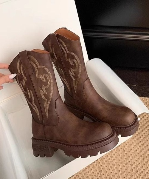ブラウン刺繍入りウエスタンブーツ menue ブーツ 刺繍入り ウエスタンブーツ レディース : ZOZOTOWN