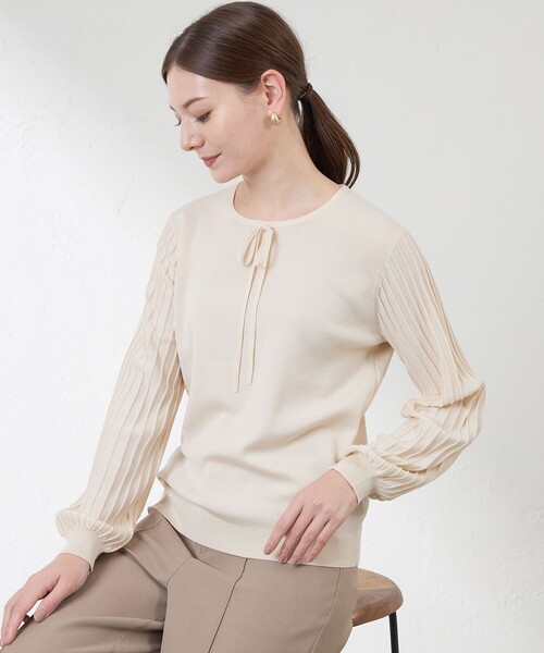 amaca（アマカ）の「リボンタイニット（ニット/セーター・レディース・ダークネイビー/オフホワイト/ブラウン系その他5・38/40）」の4枚目の写真