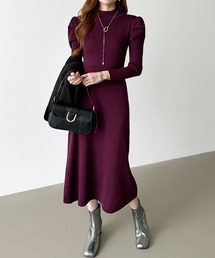 パフスリーブニットワンピース パワショル ニット ワンピース 長袖 ロング フレア キレイめワンピース