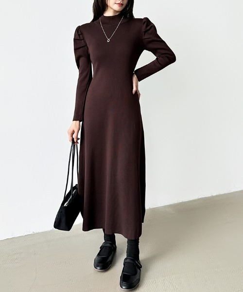 【リムアーク】パフスリーブニットワンピース ブラック ロング丈 ニットワンピース リムアーク ニットワンピース RIM.ARK(リムアーク)｜Curve line sleeve