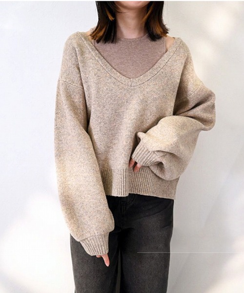 STYLEBLOCK（スタイルブロック）の「タンクトップ×メランジVネックプルオーバーセット（ニット/セーター・レディース・ブラウン/ブラック/グレイッシュベージュ/チャコールグレー・M）」の4枚目の写真