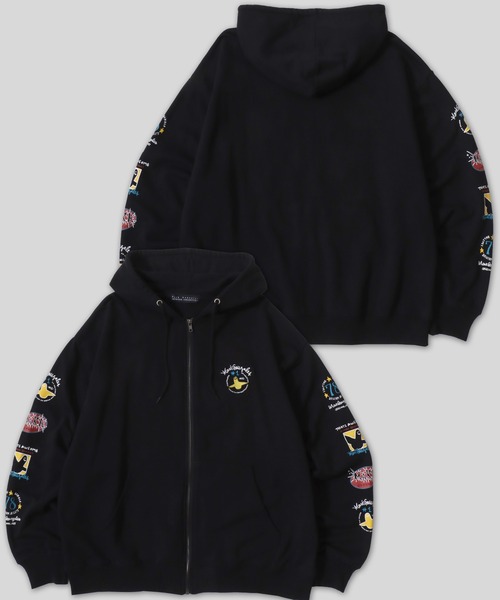 Mark Gonzales（マーク・ゴンザレス）の「MARK GONZALES ARTWORK COLLECTION/マークゴンザレス 別注 ワンポイント刺繍 バックプリント 袖プリント オーバーサイズ 裏毛 フルジップパーカー フーディー レディース メンズ（パーカー・メンズ・アッシュグレー/ブラック/グレー系その他2/グレー系その他/ブラック系その他/グレー・M/L/XL）」の2枚目の写真