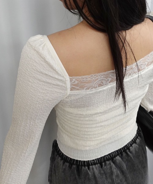 Lots of Love(ロッツオブラブ)の「フロントリボンレーススリムトップス(Tシャツ/カットソー・レディース・アイボリー/ブラウン・M)」の7枚目の写真