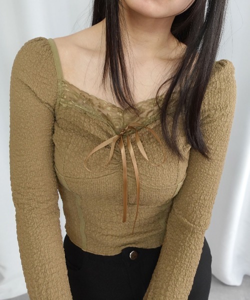 Lots of Love(ロッツオブラブ)の「フロントリボンレーススリムトップス(Tシャツ/カットソー・レディース・アイボリー/ブラウン・M)」の8枚目の写真