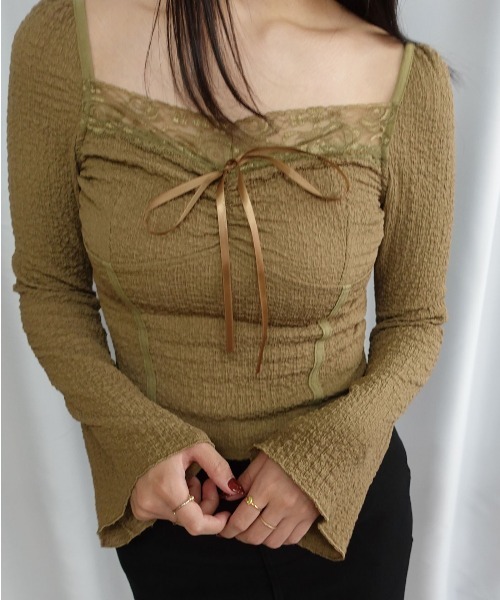 Lots of Love(ロッツオブラブ)の「フロントリボンレーススリムトップス(Tシャツ/カットソー・レディース・アイボリー/ブラウン・M)」の9枚目の写真