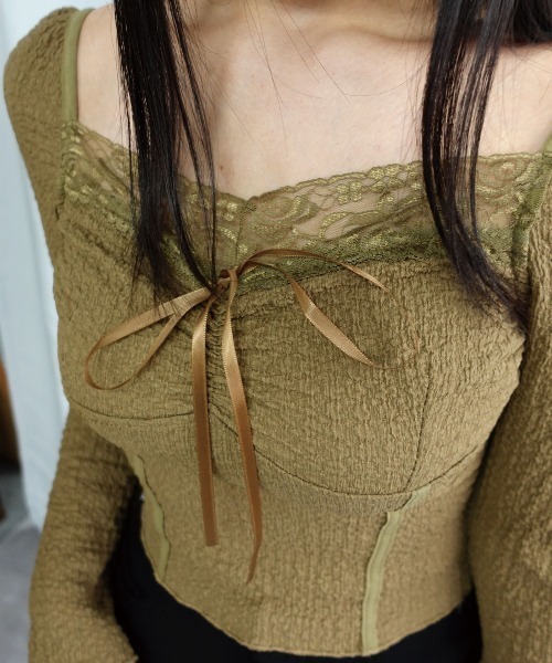 Lots of Love(ロッツオブラブ)の「フロントリボンレーススリムトップス(Tシャツ/カットソー・レディース・アイボリー/ブラウン・M)」の10枚目の写真