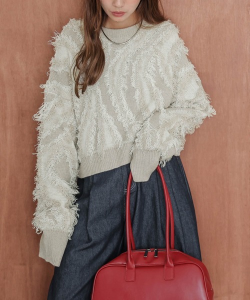 AMELY(エミリー)の「ジャガードフリンジニットトップス(ニット/セーター・レディース・ブラック/ベージュ/ブラウン・フリー)」の1枚目の写真