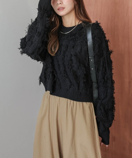 AMELY(エミリー)の「ジャガードフリンジニットトップス(ニット/セーター・レディース・ブラック/ベージュ/ブラウン・フリー)」の2枚目の写真