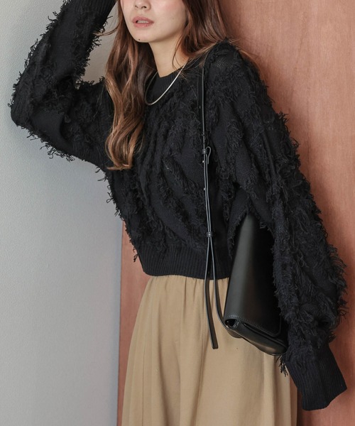 AMELY(エミリー)の「ジャガードフリンジニットトップス(ニット/セーター・レディース・ブラック/ベージュ/ブラウン・フリー)」の7枚目の写真