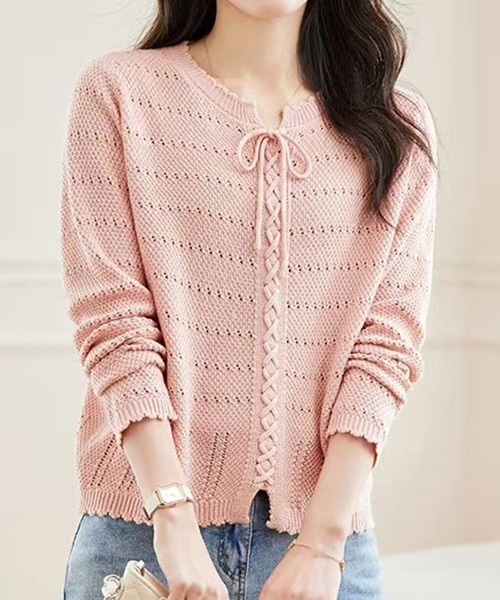 Miniministore（ミニミニストア）の「ニットトップス リボンレースアップ春秋（ニット/セーター・レディース・アイボリー/ベージュ/ワインレッド/ピンク・FREE）」の3枚目の写真