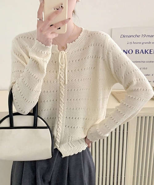 Miniministore（ミニミニストア）の「ニットトップス リボンレースアップ春秋（ニット/セーター・レディース・アイボリー/ベージュ/ワインレッド/ピンク・FREE）」の2枚目の写真