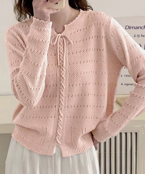 Miniministore（ミニミニストア）の「ニットトップス リボンレースアップ春秋（ニット/セーター・レディース・アイボリー/ベージュ/ワインレッド/ピンク・FREE）」の7枚目の写真