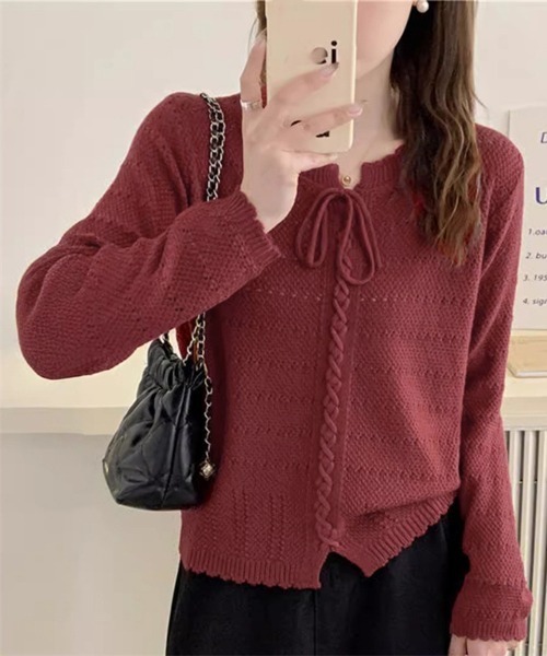 Miniministore（ミニミニストア）の「ニットトップス リボンレースアップ春秋（ニット/セーター・レディース・アイボリー/ベージュ/ワインレッド/ピンク・FREE）」の8枚目の写真