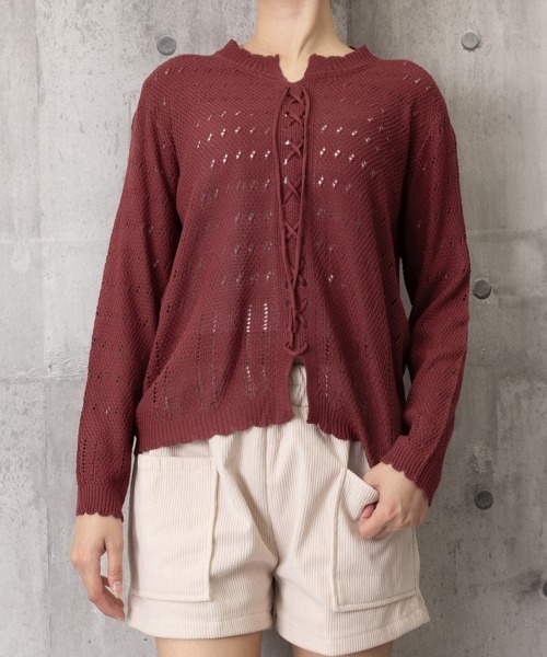 Miniministore（ミニミニストア）の「ニットトップス リボンレースアップ春秋（ニット/セーター・レディース・アイボリー/ベージュ/ワインレッド/ピンク・FREE）」の9枚目の写真