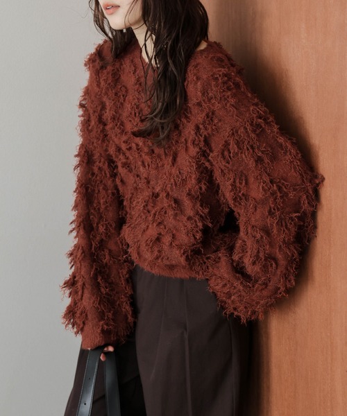 AMELY(エミリー)の「フリンジデザインニットプルオーバー(ニット/セーター・レディース・ベージュ/ブラック/テラコッタ/グレー・フリー)」の1枚目の写真