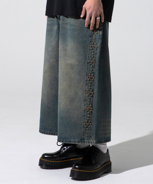 XP277 サイドスタッズワイドバミューダデニムパンツ (ヴィンテージブルー)