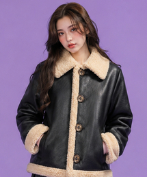 WOMEN オーバーフィット マスタングフリースボタンジャケット Black_Beige [ボタンver.]