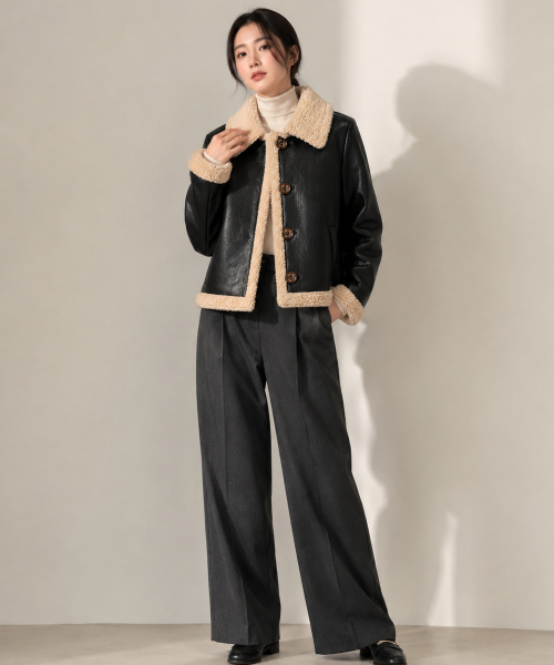 KOLEAT（コレット）の「WOMEN オーバーフィット マスタングフリースボタンジャケット Black_Beige [ボタンver.]（ムートンコート・レディース・ベージュ×ブラック・FREE）」の5枚目の写真