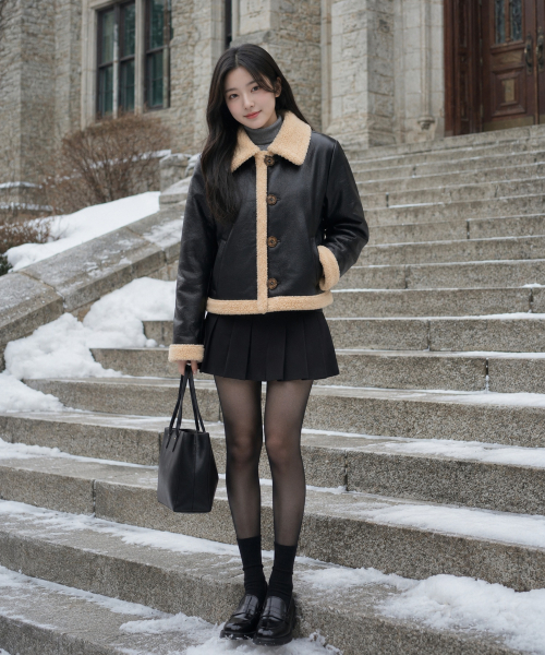 KOLEAT（コレット）の「WOMEN オーバーフィット マスタングフリースボタンジャケット Black_Beige [ボタンver.]（ムートンコート・レディース・ベージュ×ブラック・FREE）」の9枚目の写真
