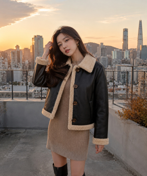 KOLEAT（コレット）の「WOMEN オーバーフィット マスタングフリースボタンジャケット Black_Beige [ボタンver.]（ムートンコート・レディース・ベージュ×ブラック・FREE）」の11枚目の写真