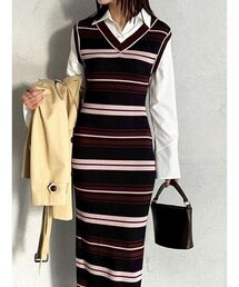 LAGUNAMOON | シャツレイヤードボーダーニットワンピース(ワンピース)