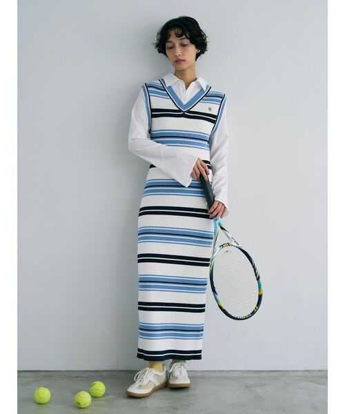 LAGUNAMOON(ラグナムーン)の「シャツレイヤードボーダーニットワンピース 【春服】【オフィスカジュアル】(ワンピース・レディース・ブルー/ベージュ/ブラウン・SMALL/MEDIUM)」の1枚目の写真