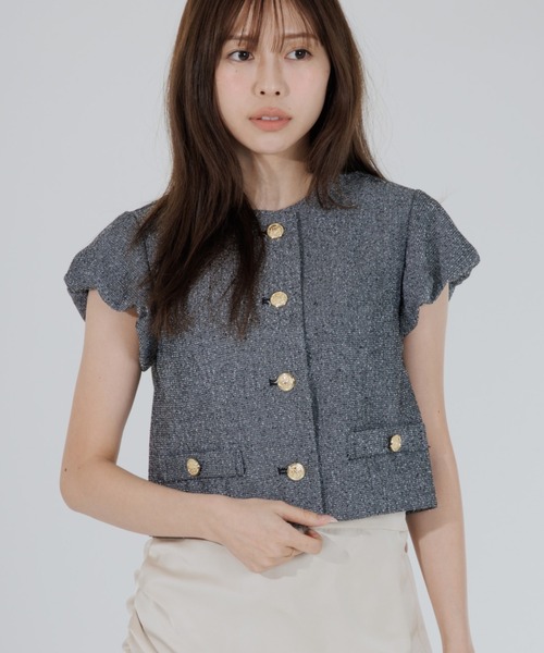 SENEE（セニー）の「tweed balloon sleeve jacket（ツイードバルーンスリーブジャケット）（ノーカラージャケット・レディース・ブラウン/ブラック・MEDIUM/SMALL）」の2枚目の写真