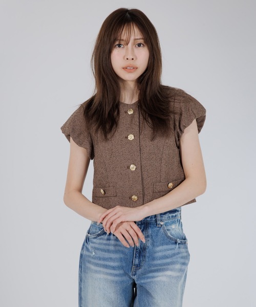 SENEE（セニー）の「tweed balloon sleeve jacket（ツイードバルーンスリーブジャケット）（ノーカラージャケット・レディース・ブラウン/ブラック・MEDIUM/SMALL）」の17枚目の写真