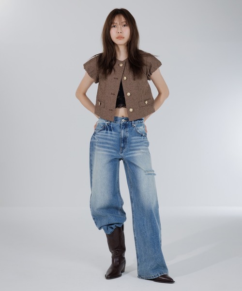 SENEE（セニー）の「tweed balloon sleeve jacket（ツイードバルーンスリーブジャケット）（ノーカラージャケット・レディース・ブラウン/ブラック・MEDIUM/SMALL）」の18枚目の写真