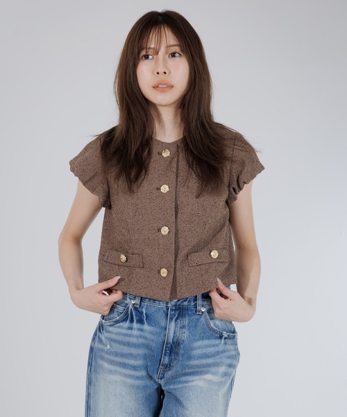 SENEE（セニー）の「tweed balloon sleeve jacket（ツイードバルーンスリーブジャケット）（ノーカラージャケット・レディース・ブラウン/ブラック・MEDIUM/SMALL）」の15枚目の写真