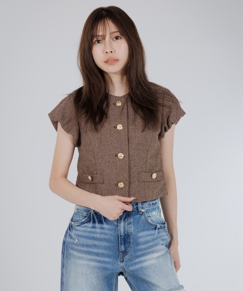 SENEE（セニー）の「tweed balloon sleeve jacket（ツイードバルーンスリーブジャケット）（ノーカラージャケット・レディース・ブラウン/ブラック・MEDIUM/SMALL）」の14枚目の写真