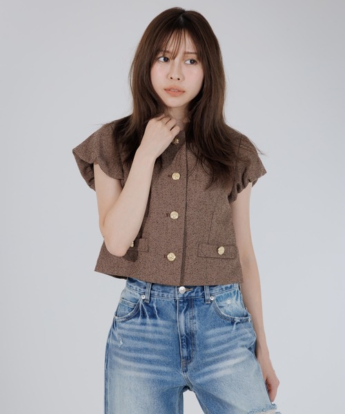 SENEE（セニー）の「tweed balloon sleeve jacket（ツイードバルーンスリーブジャケット）（ノーカラージャケット・レディース・ブラウン/ブラック・MEDIUM/SMALL）」の16枚目の写真
