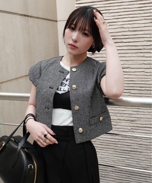 SENEE（セニー）の「tweed balloon sleeve jacket（ツイードバルーンスリーブジャケット）（ノーカラージャケット・レディース・ブラウン/ブラック・MEDIUM/SMALL）」の4枚目の写真