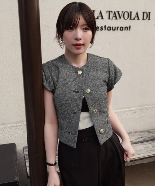 SENEE（セニー）の「tweed balloon sleeve jacket（ツイードバルーンスリーブジャケット）（ノーカラージャケット・レディース・ブラウン/ブラック・MEDIUM/SMALL）」の5枚目の写真