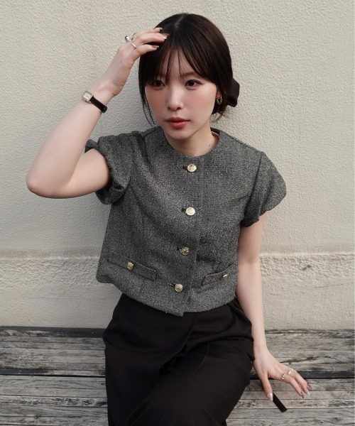 SENEE（セニー）の「tweed balloon sleeve jacket（ツイードバルーンスリーブジャケット）（ノーカラージャケット・レディース・ブラウン/ブラック・MEDIUM/SMALL）」の7枚目の写真