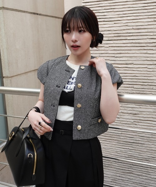 SENEE（セニー）の「tweed balloon sleeve jacket（ツイードバルーンスリーブジャケット）（ノーカラージャケット・レディース・ブラウン/ブラック・MEDIUM/SMALL）」の3枚目の写真