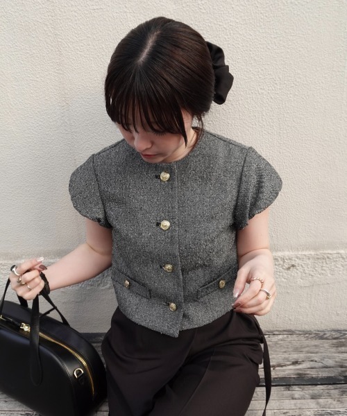 SENEE（セニー）の「tweed balloon sleeve jacket（ツイードバルーンスリーブジャケット）（ノーカラージャケット・レディース・ブラウン/ブラック・MEDIUM/SMALL）」の8枚目の写真