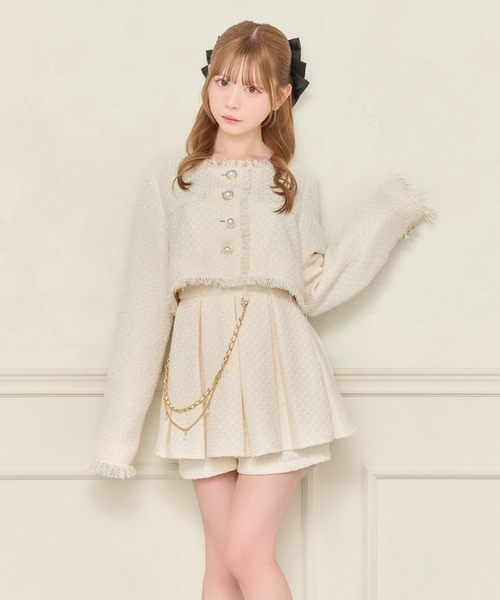 アプレジュール セットアップ 白 アイボリー ツイード セット着用可能】フリンジツイードジャケット（テーラードジャケット