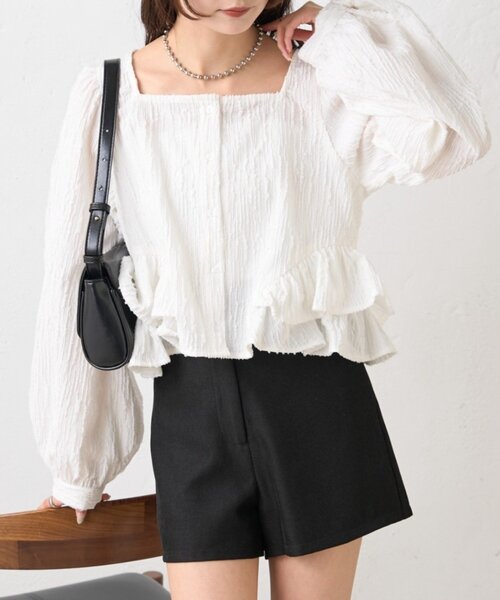 mystic（ミスティック）の「ジャガード裾フリルブラウス（シャツ/ブラウス・レディース・イエロー/ブラック/オフホワイト・FREE）」の2枚目の写真