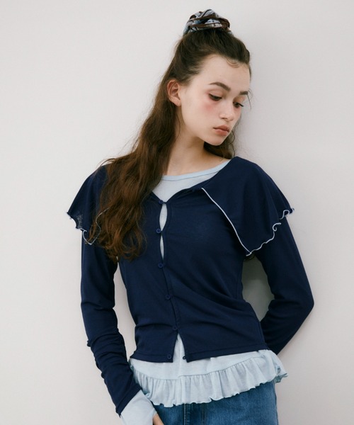 idem（イデム）の「big mellow collar sheer cardigan / ビックカラーシアーカーディガン（Tシャツ/カットソー・レディース・ネイビー/ホワイト・FREE）」の2枚目の写真